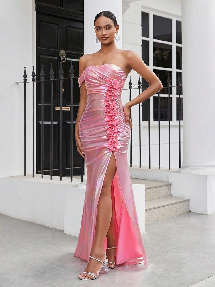 Metallic Style Off-Shoulder Evening Dress With Waist Pleated And Realistic Flower Decoration