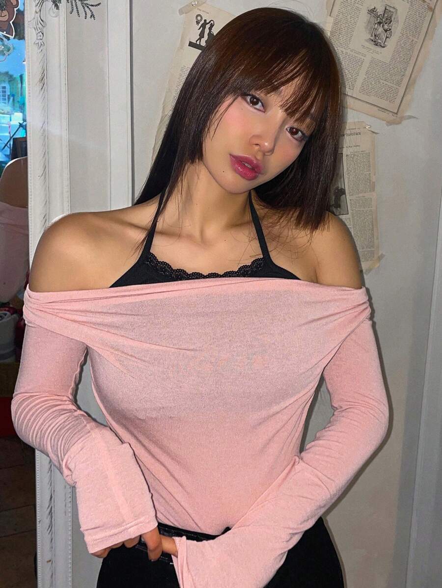 DAZY Ladies' Lace Hem 2 In 1 Halter Neck T-Shirt Long Sleeve Women Tops - Multicolor - View 1