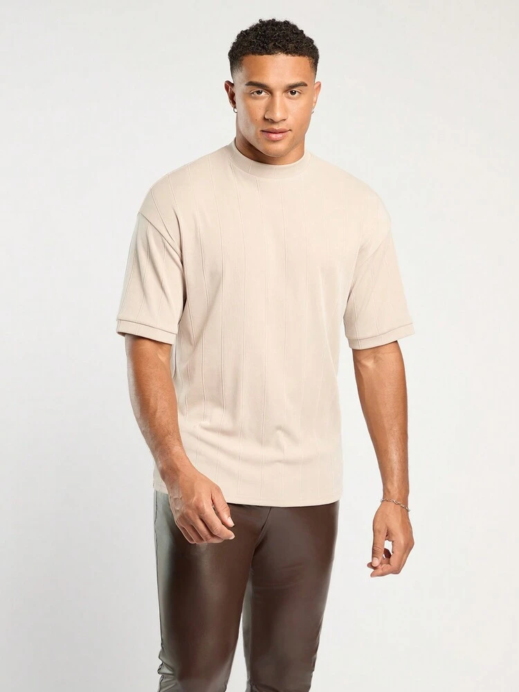 Men's Spring And Summer Casual Loose Off-Shoulder Apricot Turtleneck T-Shirt