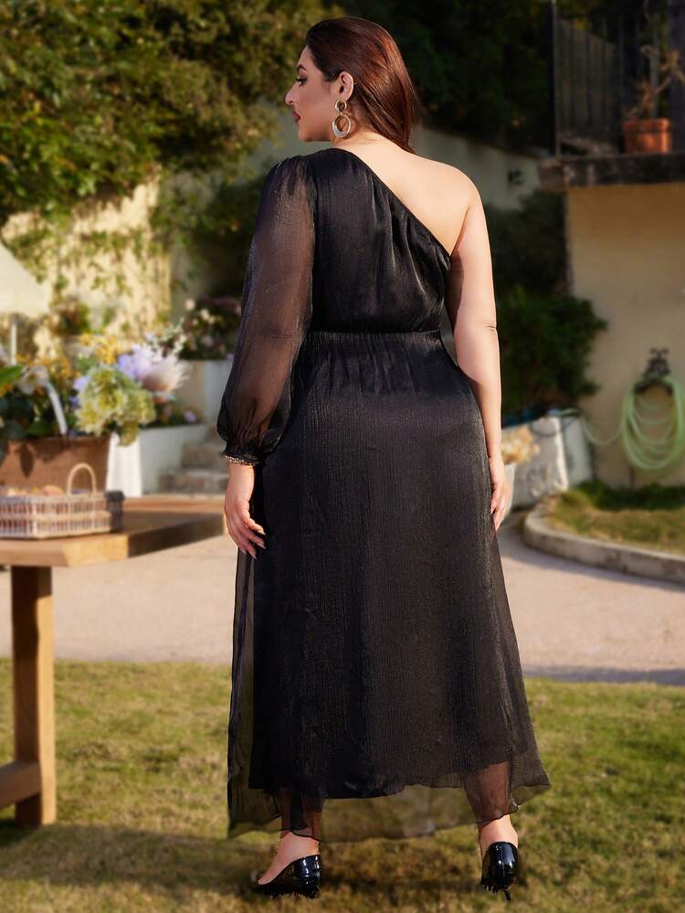 Plus Size Solid Texture Gauze Fabric One Shoulder Side Slit Dress With Long Sleeves Formal Dress, Wedding Guest Dress