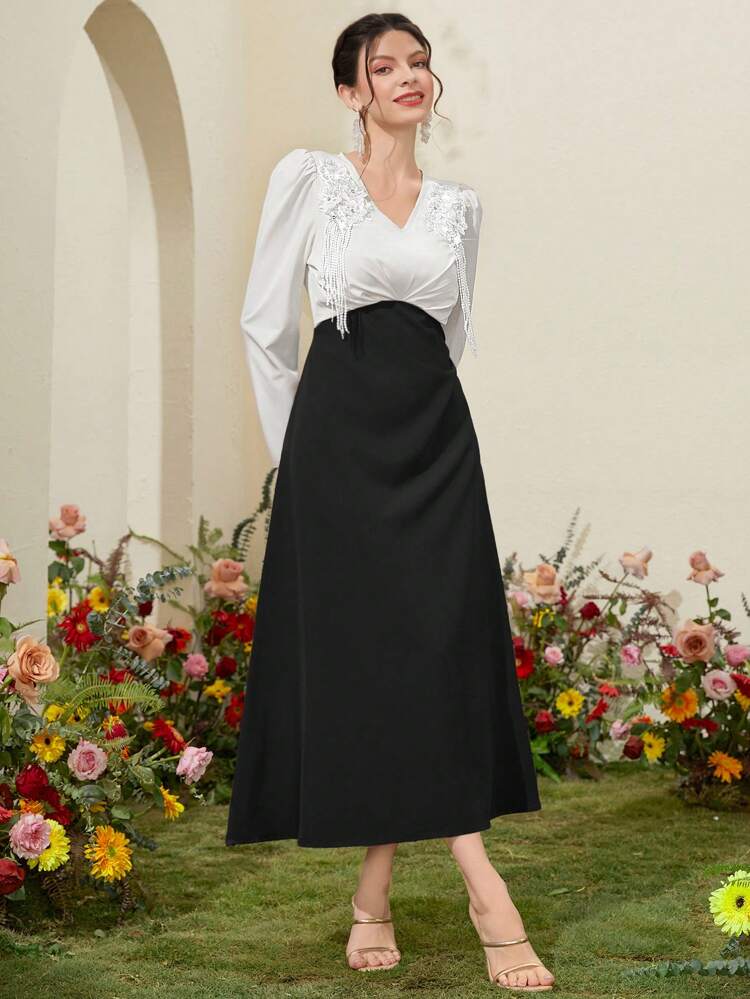 Women's Contrast Color Sticker Patchwork Puff Sleeve Dress Long Evening Dresses