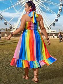 SHEIN Holidaya Plus Size Women's Colorful Striped Wrap Front Tie Waist Dress - Multicolor - View 5