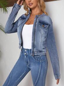 SHEIN LUNE Chaqueta De Mezclilla De Manga Larga Con Cuello Alto Y Cremallera Frontal Para Mujer