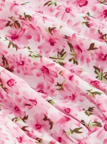 SHEIN MOD Plus Size Summer Floral Print Puff Sleeve Tie Back Blouse - Pink - View 4