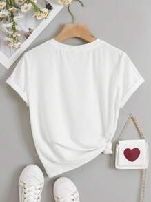 SHEIN Camiseta Casual De Manga Corta Con Cuello Redondo, Impresa Con Corazones Y Letras De Amor, Adecuada Para Niñas Adolescentes En Verano