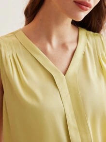 MOTF PREMIUM SILK V-NECK FOLD PLEATED SHOULDER SLEEVELESS BLOUSE