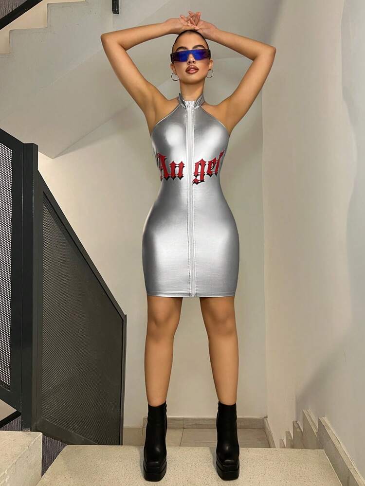 Metallic Feel Bodycon Halter Dress With Letter Print