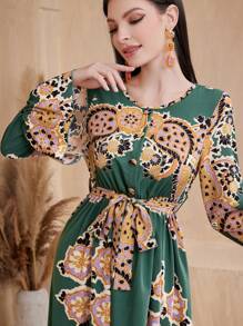 Seusyu Women's Bell Sleeve A-Line Dress With Cashew Flower Print - Multicolor - View 3