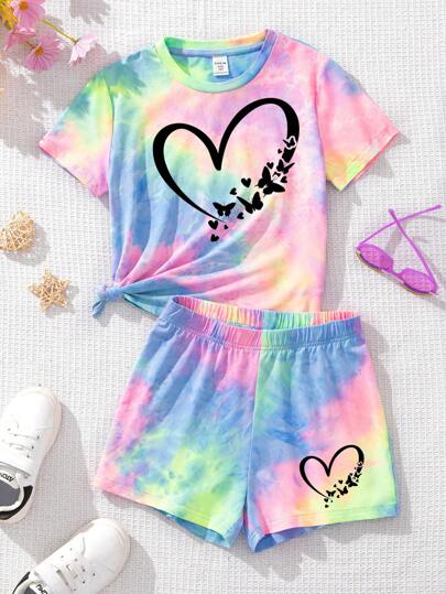 SHEIN EZwear 2pcs Women Casual Tie-Dye Heart Pattern Round Neck Short Sleeve T-Shirt And Shorts Set, Summer Suitable For Going Out