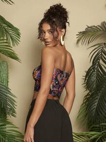 Travachic Vacation Paisley Tropical Print Slim Fit Strapless Cropped Top - Black - View 2