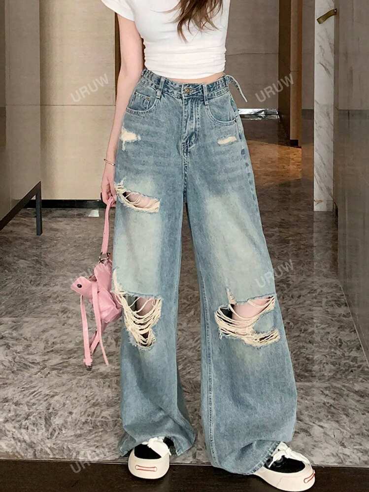 ウォッシュド ダメージワイドレッグジーンズ | SHEIN JAPAN