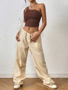 SHEIN EZwear Top Evasê De Um Ombro Só Sem Mangas Em Cor Sólida Para Mulheres