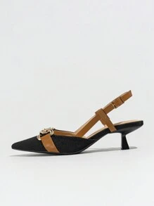Women's Elegant Black High-Heeled Shoes With Vintage Floral Design Chain Decoration, Pointed Toe, Stiletto Heel And Ankle Strap, Suitable For Spring, Autumn, Outdoor,Daily Commute And Party Wear,Kitten Heels,Elegant,Women Pumps,Elegant - Black - View 6