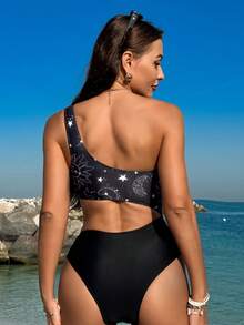 SHEIN Swim Жіночий цільний купальник з принтом сонця, місяця та зірок, кольорові блоки - Чорний - Переглянути 2