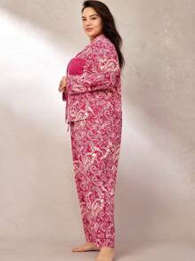 LUVLETTE Autumn And Winter Women Red Plus Paisley Print Cotton Long Pajama Set Lounge Set Lingerie Fall Pajamas Clothes - Hot Pink - View 3
