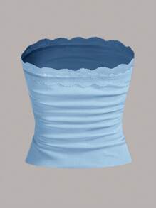 SHEIN EZwear Knitted Fitted Lace Panel Strapless Top - Blue - View 6