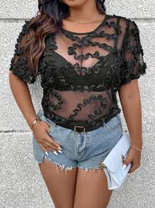 SHEIN Clasi Plus Size Floral Patchwork Loose Fit Short Sleeve Top With Round Neck - Black - View 4