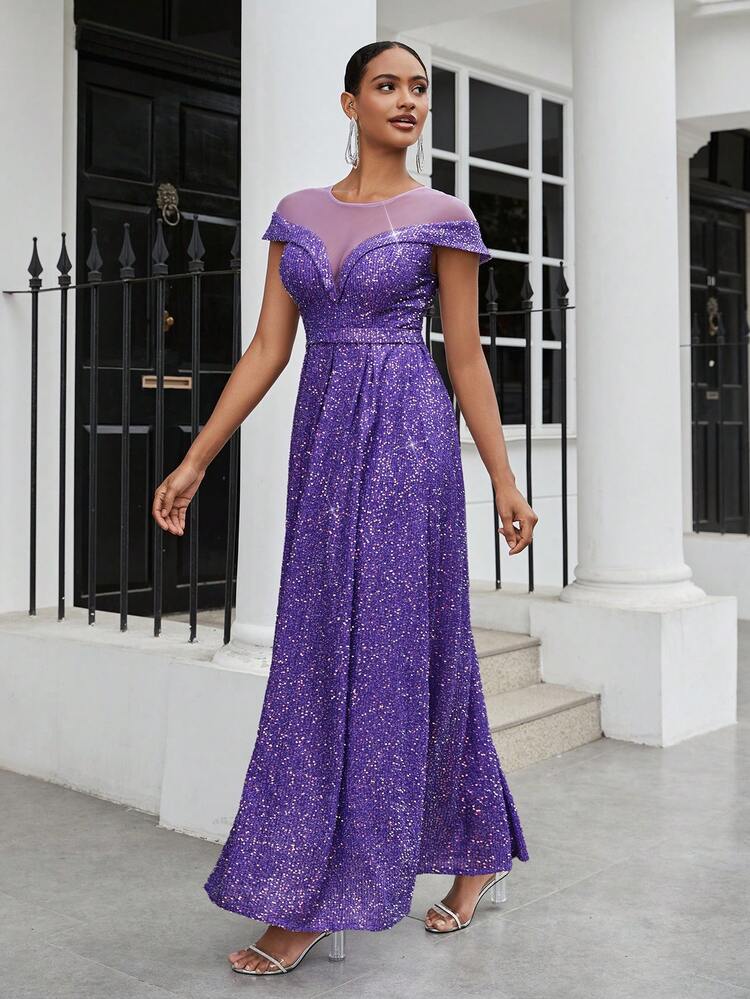 Elegant Romantic And Charming Purple High-Neck Transparent Mesh One-Line Shoulder Sleeves A-Line Large Hem Glittering Pink Sequin Fabric Festive Easter Heavy Evening Dress