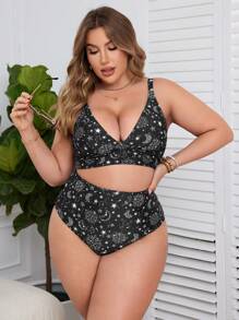 Swim Lushoire Bộ bikini in họa tiết bãi biển mùa hè Plus Size Mặt trời, Mặt trăng, Ngôi sao - Nhiều màu - Xem 5