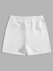 ROMWE MEN Prep Spring/Summer Casual Graphic White Men'S Drawstring Waist Letter Print Shorts, School - White - View 2