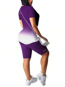 2 Pieces Short Sleeve Top And Tight Shorts Set, Gradient, Summer