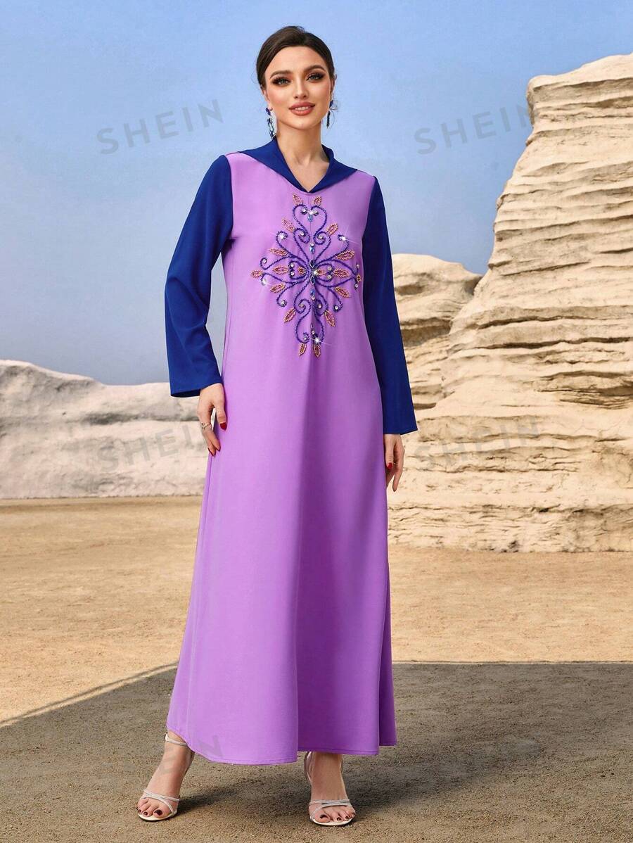 SHEIN Najma Women's Bead Embellished Moroccan Style Color Block Robe Djellaba With Hood | SHEIN