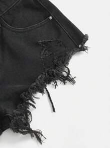 SHEIN EZwear 破洞毛邊牛仔短褲 - 黑色 - 查看 5