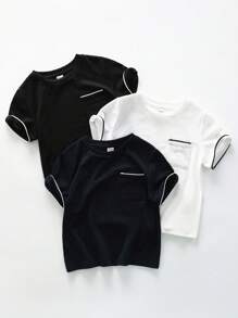 SHEIN 3入組年輕男孩休閒對比色邊緣口袋圓領短袖t恤,適用於春季/夏季日常穿著、學校、旅行和運動 - 彩色 - 查看 1