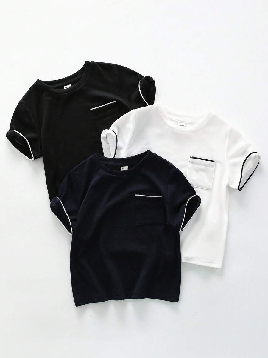 SHEIN 3入組年輕男孩休閒對比色邊緣口袋圓領短袖t恤,適用於春季/夏季日常穿著、學校、旅行和運動 - 彩色 - 查看 1