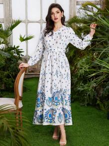 Al Najma Floral Print Pleated Dress - White - View 5