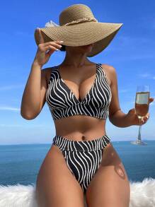 SHEIN Swim Women'S Printed V-Neck Bikini Set Summer - Black and White - View 3