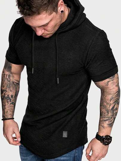 Guys Solid Patched Drawstring Hooded Tee