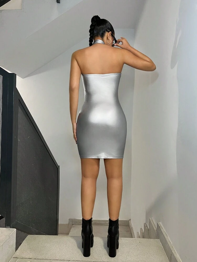 Metallic Feel Bodycon Halter Dress With Letter Print