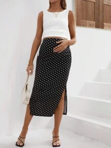 SHEIN Maternity Women's Solid Color Side Drawstring Tank Top And Polka Dot Split Hem Skirt Set