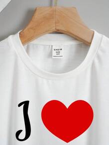 SHEIN Camiseta Casual De Manga Corta Con Cuello Redondo, Impresa Con Corazones Y Letras De Amor, Adecuada Para Niñas Adolescentes En Verano
