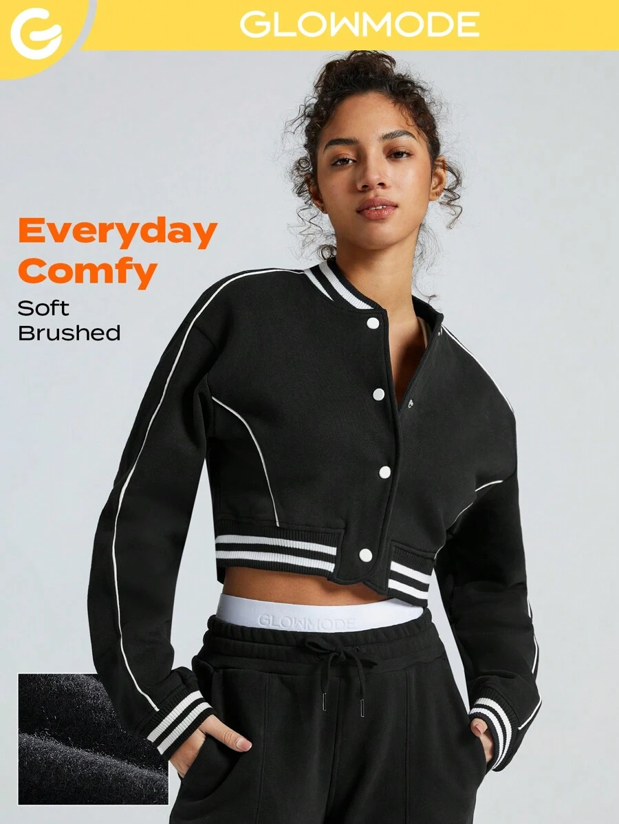 GLOWMODE Everyday Fleece Button Boxy Baseball Sports Jacket Daily Lounge Cropped Length