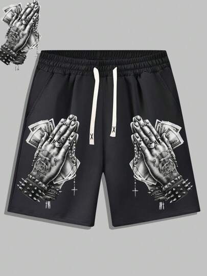 Men's Casual Vintage Hands Pattern Printed Elastic Waist Drawstring Shorts, Emo, 2000s Style