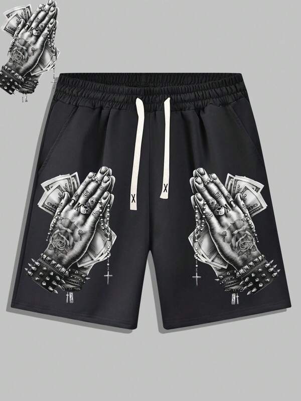 Men's Casual Personality Vintage Hands Pattern Printed Elastic Waist Drawstring Shorts