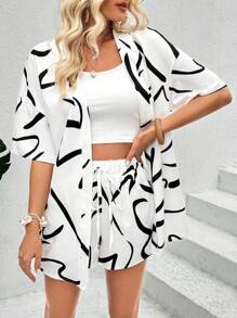 Breezaya Random Printed Loose Fit Shirt And Short Set - Black and White - View 3