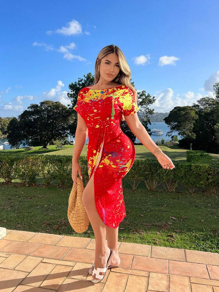 Ink Splatter Print Round Neck Waist Belted A-Line Dress