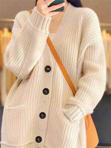 Women's Solid Color Drop Shoulder Cardigan With Double Pockets - White - View 3