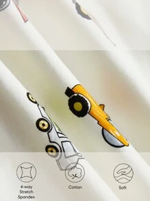 Cozy Pixies Baby Boy Snug Fit Pajamas Set With Cartoon Fun Car Pattern, Round Neck Top And Footed Pants - Apricot - View 4