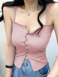 DAZY Của phụ nữ Màu thuần Thon gọn Mặt trước Nút Áo ba lỗ Áo - Hồng - Xem 9