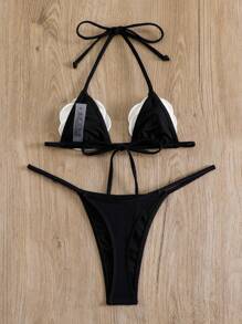 Swim SXY 夏日沙灘彩塊3D花細節露背背心比基尼套裝 - 黑色 - 查看 6