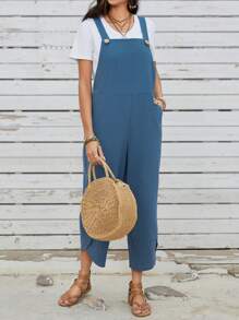 EMERY ROSE 女士休閒風寬腿連身褲,可拆卸肩帶和口袋 - 藍色 - 查看 4