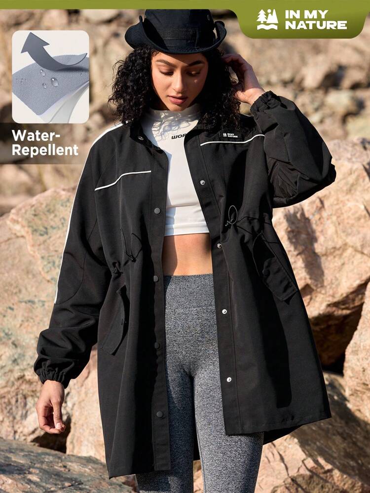 Women's Letter Printed Drawstring Waist Outdoor Raincoat Jacket