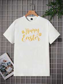 Manfinity VCAY White Knit Men's Round Neck Short-Sleeved T-Shirt With Slogan Print - White - View 2