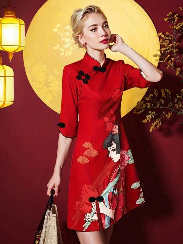 SHEIN Unity Women's Character Print Button Cheongsam Dress