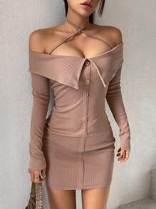 DAZY Women's Off-Shoulder Halter Neckline Bandage Bodycon Dress With Button Design - Khaki - View 1