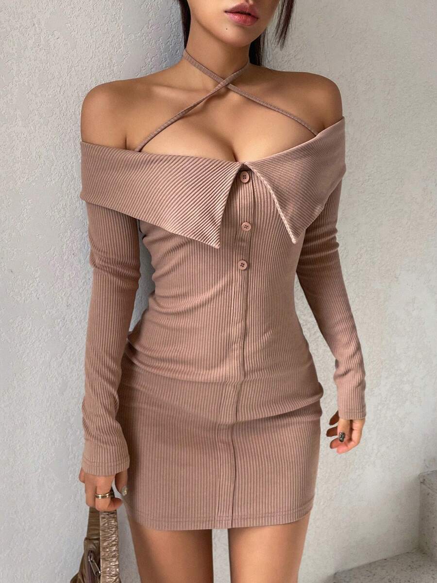 DAZY Women's Off-Shoulder Halter Neckline Bandage Bodycon Dress With Button Design - Khaki - View 1